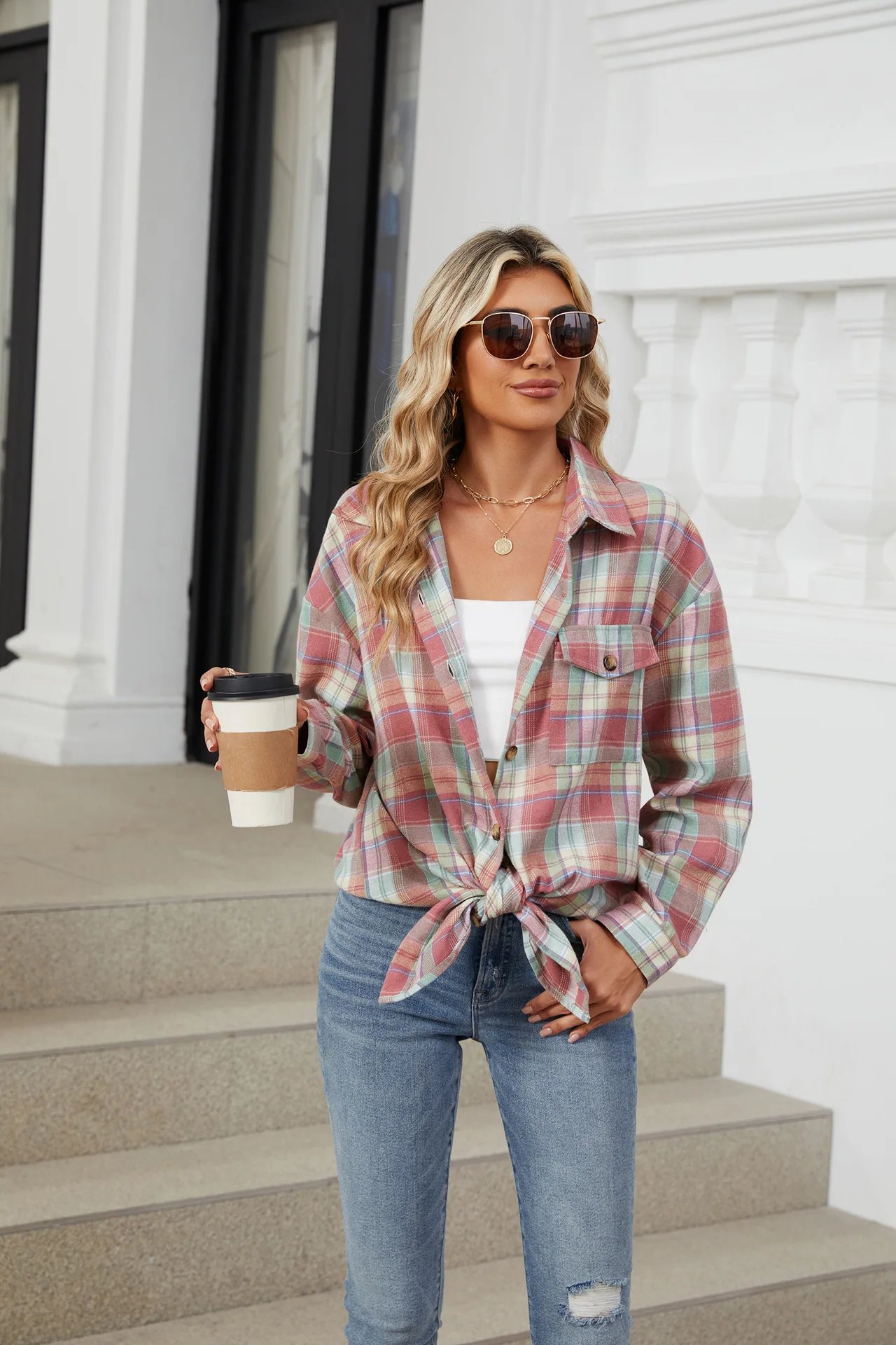 Loose Pocket Patchwork Single Breasted Cardigan Shirt For Women 2024 Autumn/winter Checkered Shirt Brushed Long Sleeved Blouses