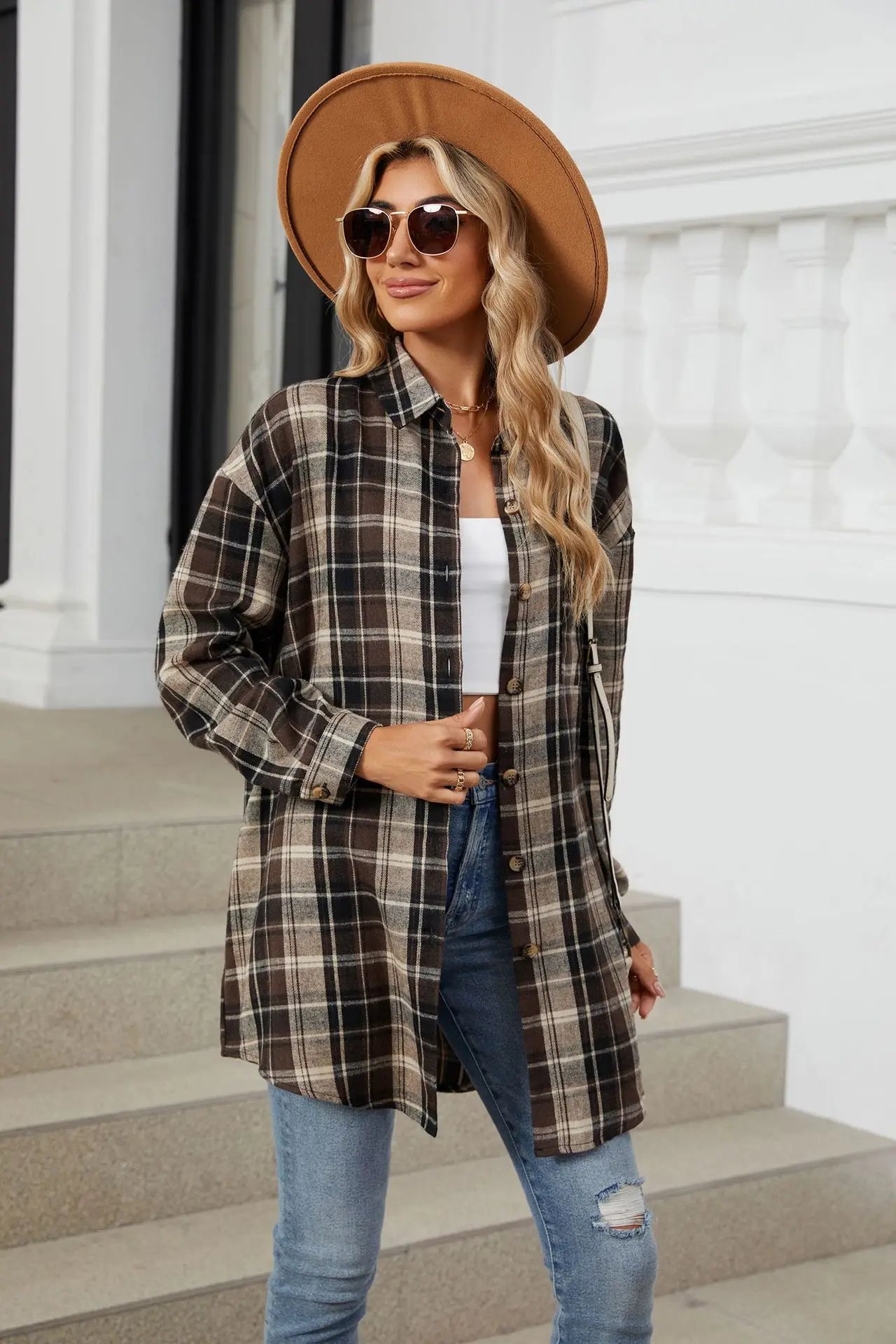 Loose Pocket Patchwork Single Breasted Cardigan Shirt For Women 2024 Autumn/winter Checkered Shirt Brushed Long Sleeved Blouses