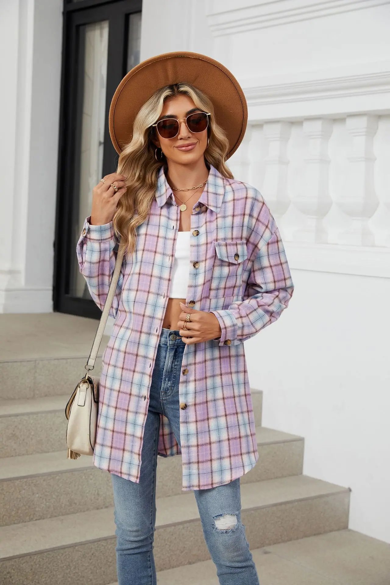 Loose Pocket Patchwork Single Breasted Cardigan Shirt For Women 2024 Autumn/winter Checkered Shirt Brushed Long Sleeved Blouses