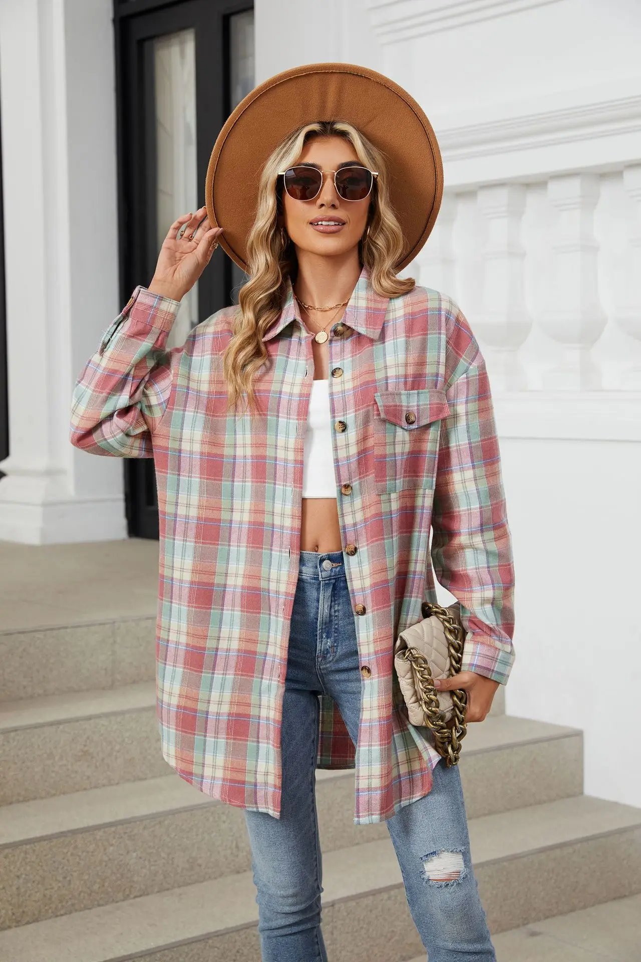 Loose Pocket Patchwork Single Breasted Cardigan Shirt For Women 2024 Autumn/winter Checkered Shirt Brushed Long Sleeved Blouses