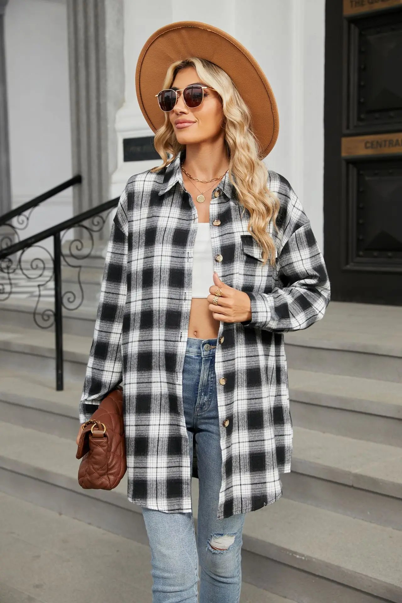 Loose Pocket Patchwork Single Breasted Cardigan Shirt For Women 2024 Autumn/winter Checkered Shirt Brushed Long Sleeved Blouses