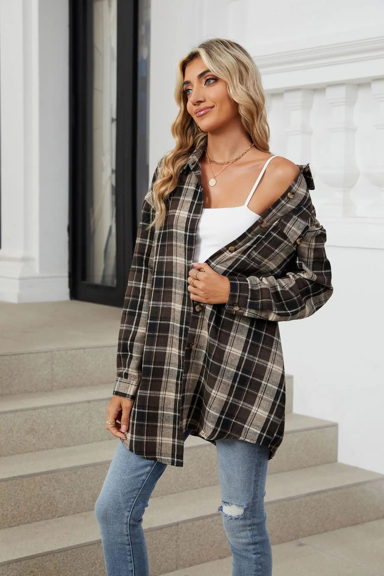 Loose Pocket Patchwork Single Breasted Cardigan Shirt For Women 2024 Autumn/winter Checkered Shirt Brushed Long Sleeved Blouses