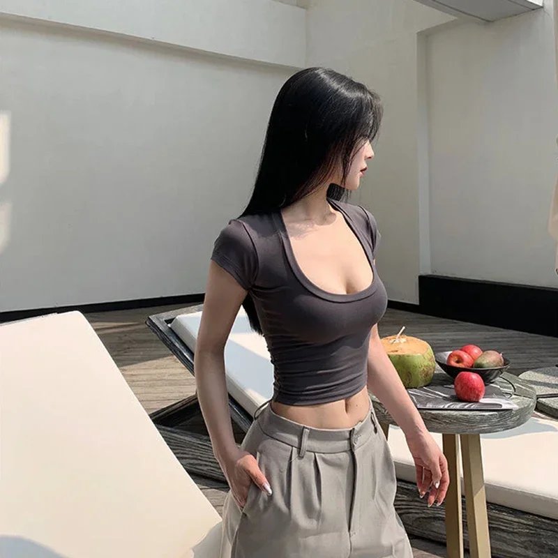 Summer Slim T-Shirt Women Sexy Short Sleeve T Shirt U-Neck Gray Tee Female Solid Basic Black/White Korean Crop Tops Hot Y2k Summer Slim T-Shirt Women Sexy Short Sleeve T Shirt U-Neck Gray Tee Female Solid Basic Black/White Korean Crop Tops Hot Y2k