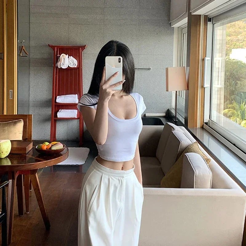 Summer Slim T-Shirt Women Sexy Short Sleeve T Shirt U-Neck Gray Tee Female Solid Basic Black/White Korean Crop Tops Hot Y2k Summer Slim T-Shirt Women Sexy Short Sleeve T Shirt U-Neck Gray Tee Female Solid Basic Black/White Korean Crop Tops Hot Y2k