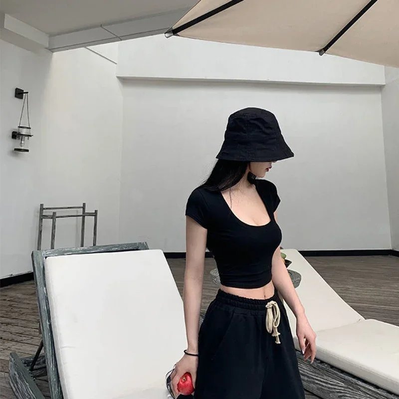 Summer Slim T-Shirt Women Sexy Short Sleeve T Shirt U-Neck Gray Tee Female Solid Basic Black/White Korean Crop Tops Hot Y2k Summer Slim T-Shirt Women Sexy Short Sleeve T Shirt U-Neck Gray Tee Female Solid Basic Black/White Korean Crop Tops Hot Y2k
