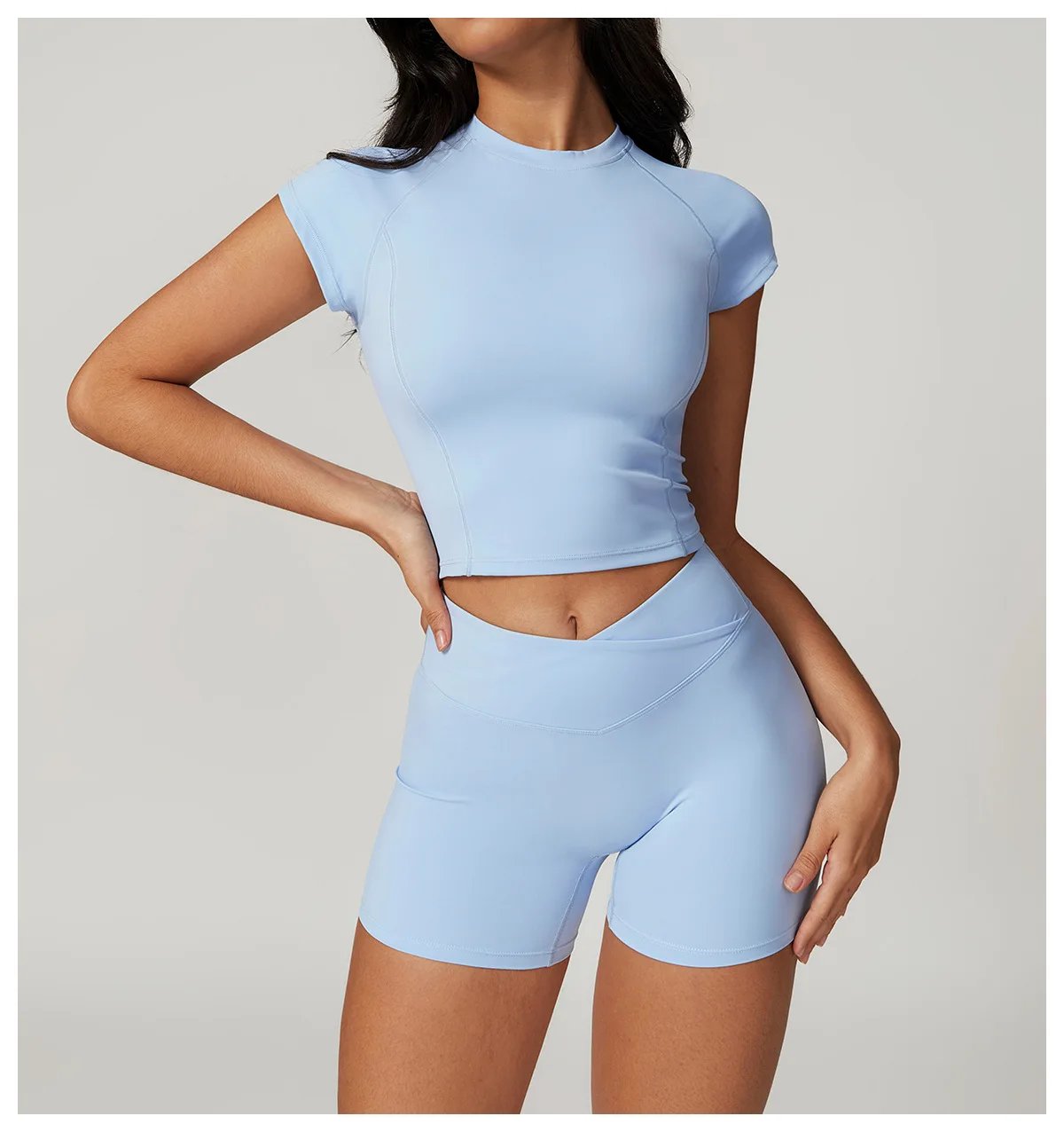 Women's 2PCS Gym Yoga Suit Tight Fitting Sports Set Workout Breathable T Shirts Bra Short Sleeve Crop Top Bell-bottoms Leggings