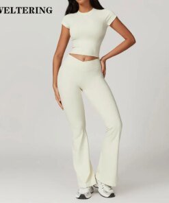 Women's 2PCS Gym Yoga Suit Tight Fitting Sports Set Workout Breathable T Shirts Bra Short Sleeve Crop Top Bell-bottoms Leggings