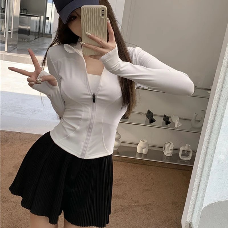 Rimocy Spring Summer Slim Fit Crop Tops Women Korean Wild Sports Fitness Long Sleeve Coat Woman Y2K Streetwear Zipper Up T Shirt Rimocy Spring Summer Slim Fit Crop Tops Women Korean Wild Sports Fitness Long Sleeve Coat Woman Y2K Streetwear Zipper Up T Shirt