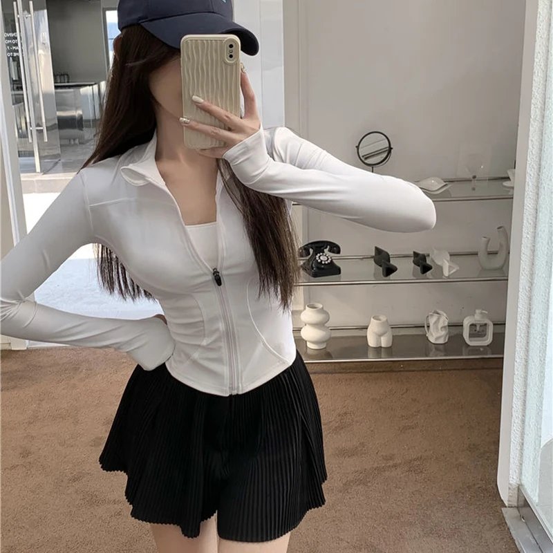 Rimocy Spring Summer Slim Fit Crop Tops Women Korean Wild Sports Fitness Long Sleeve Coat Woman Y2K Streetwear Zipper Up T Shirt Rimocy Spring Summer Slim Fit Crop Tops Women Korean Wild Sports Fitness Long Sleeve Coat Woman Y2K Streetwear Zipper Up T Shirt
