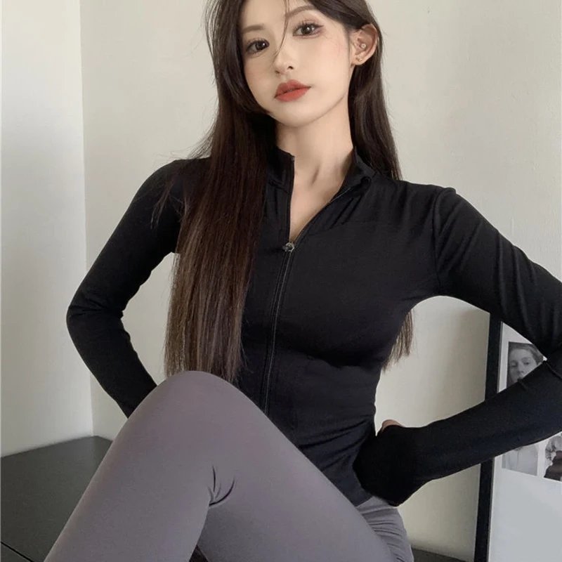 Rimocy Spring Summer Slim Fit Crop Tops Women Korean Wild Sports Fitness Long Sleeve Coat Woman Y2K Streetwear Zipper Up T Shirt Rimocy Spring Summer Slim Fit Crop Tops Women Korean Wild Sports Fitness Long Sleeve Coat Woman Y2K Streetwear Zipper Up T Shirt