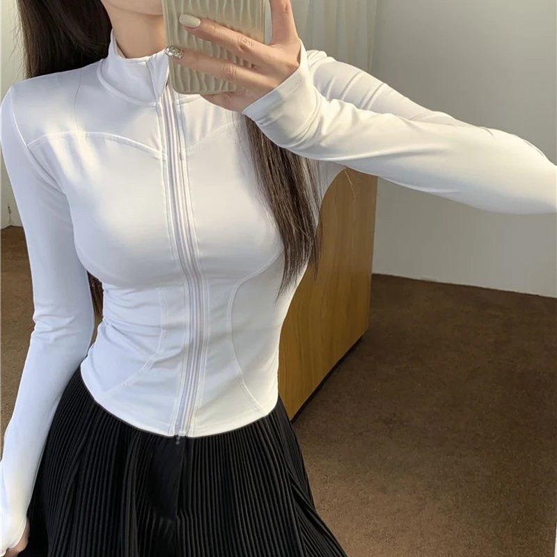 Rimocy Spring Summer Slim Fit Crop Tops Women Korean Wild Sports Fitness Long Sleeve Coat Woman Y2K Streetwear Zipper Up T Shirt Rimocy Spring Summer Slim Fit Crop Tops Women Korean Wild Sports Fitness Long Sleeve Coat Woman Y2K Streetwear Zipper Up T Shirt