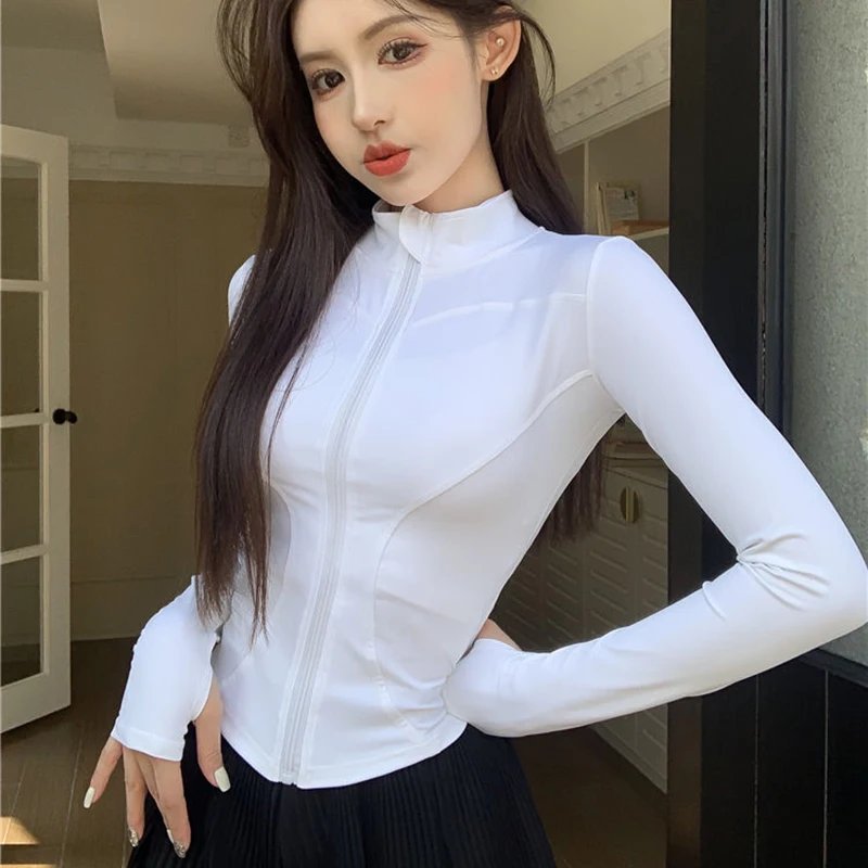 Rimocy Spring Summer Slim Fit Crop Tops Women Korean Wild Sports Fitness Long Sleeve Coat Woman Y2K Streetwear Zipper Up T Shirt Rimocy Spring Summer Slim Fit Crop Tops Women Korean Wild Sports Fitness Long Sleeve Coat Woman Y2K Streetwear Zipper Up T Shirt