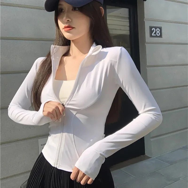 Rimocy Spring Summer Slim Fit Crop Tops Women Korean Wild Sports Fitness Long Sleeve Coat Woman Y2K Streetwear Zipper Up T Shirt Rimocy Spring Summer Slim Fit Crop Tops Women Korean Wild Sports Fitness Long Sleeve Coat Woman Y2K Streetwear Zipper Up T Shirt