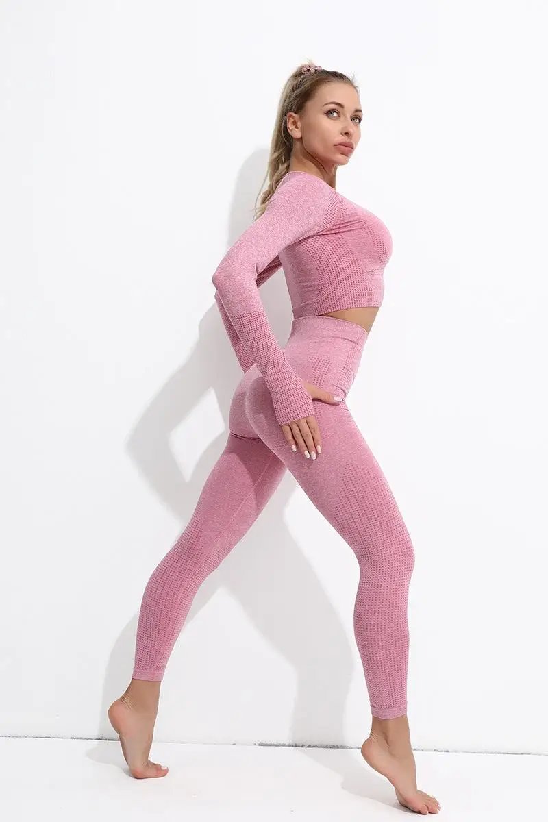 Seamless Yoga Set Women Sports Bra High Waist Push Up Leggings Long Sleeve Crop Top Gym Suits Workout Sportswear Fitness Outfit