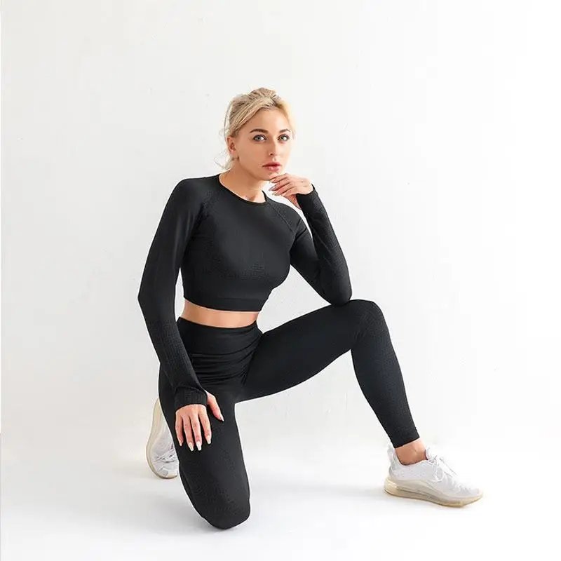 Seamless Yoga Set Women Sports Bra High Waist Push Up Leggings Long Sleeve Crop Top Gym Suits Workout Sportswear Fitness Outfit