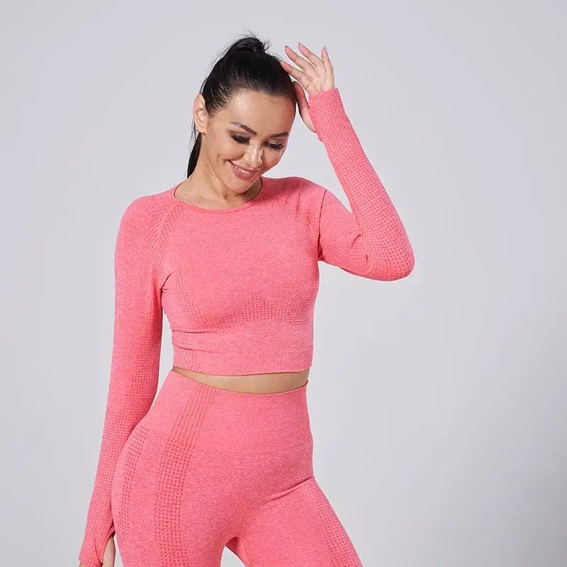 Seamless Yoga Set Women Sports Bra High Waist Push Up Leggings Long Sleeve Crop Top Gym Suits Workout Sportswear Fitness Outfit