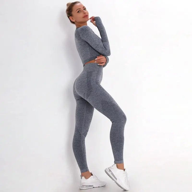 Seamless Yoga Set Women Sports Bra High Waist Push Up Leggings Long Sleeve Crop Top Gym Suits Workout Sportswear Fitness Outfit
