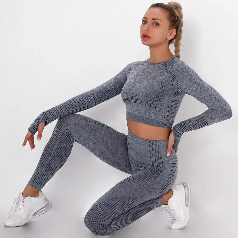 Seamless Yoga Set Women Sports Bra High Waist Push Up Leggings Long Sleeve Crop Top Gym Suits Workout Sportswear Fitness Outfit