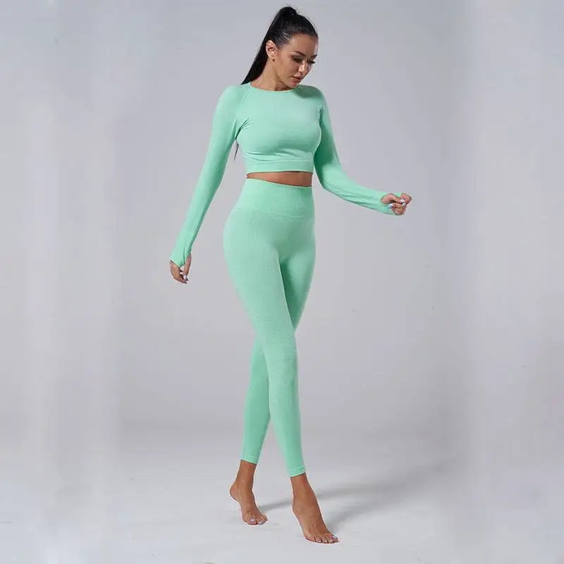 Seamless Yoga Set Women Sports Bra High Waist Push Up Leggings Long Sleeve Crop Top Gym Suits Workout Sportswear Fitness Outfit