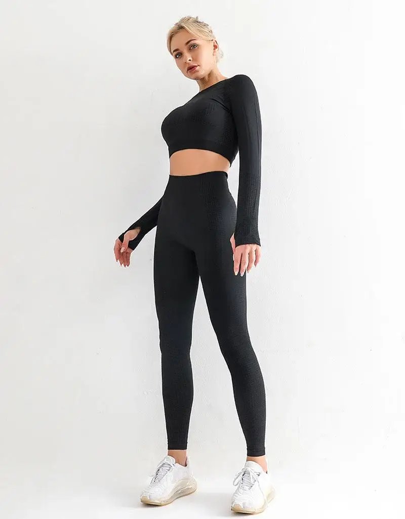 Seamless Yoga Set Women Sports Bra High Waist Push Up Leggings Long Sleeve Crop Top Gym Suits Workout Sportswear Fitness Outfit