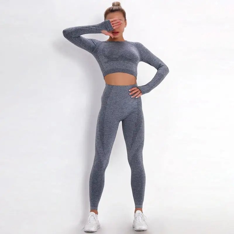 Seamless Yoga Set Women Sports Bra High Waist Push Up Leggings Long Sleeve Crop Top Gym Suits Workout Sportswear Fitness Outfit