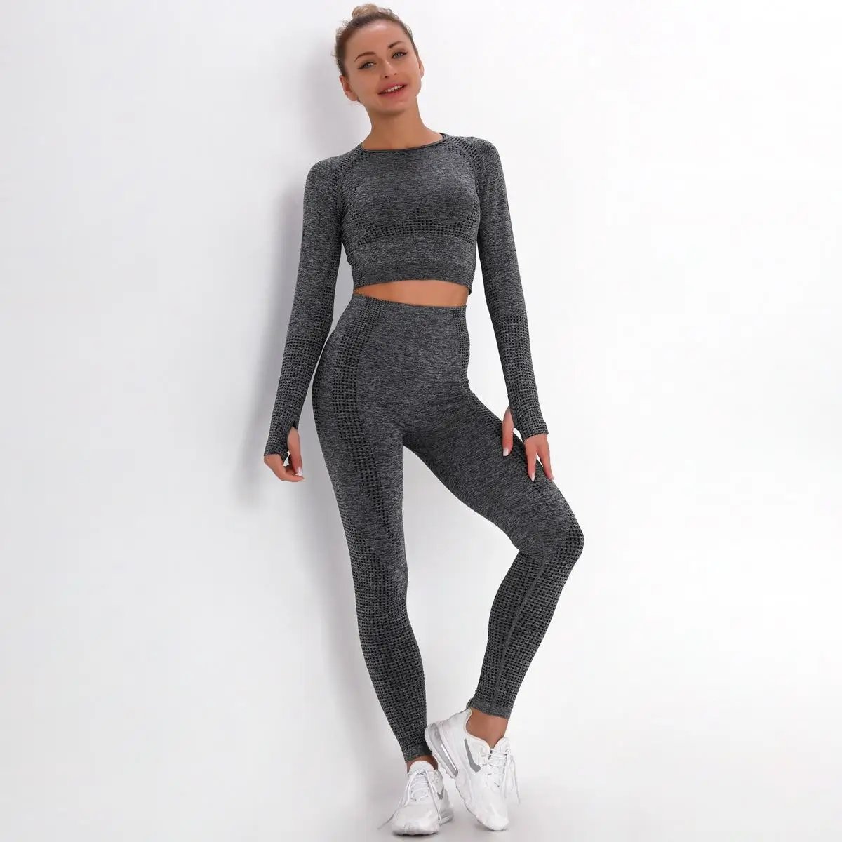 Seamless Yoga Set Women Sports Bra High Waist Push Up Leggings Long Sleeve Crop Top Gym Suits Workout Sportswear Fitness Outfit