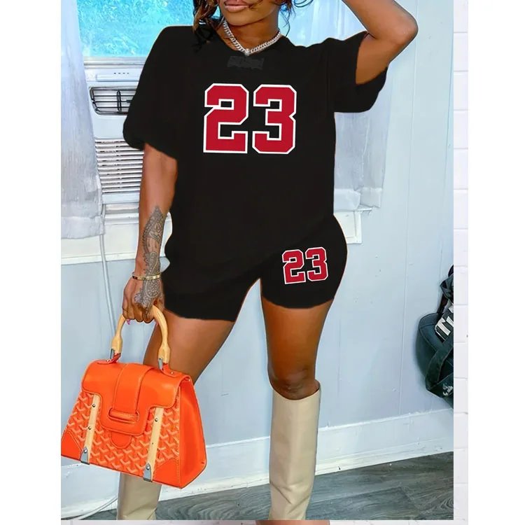 2pcs Casual Sports Set, Number 23 Print Round Neck Short Sleeves T-shirt & Running Workout Shorts Suit, Women's Activewear