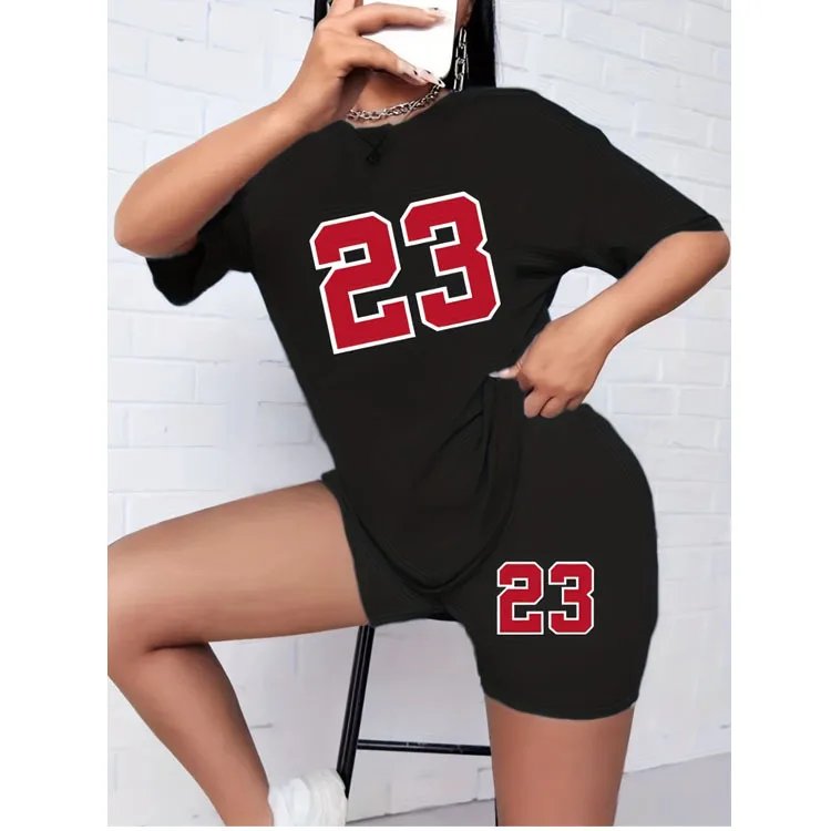 2pcs Casual Sports Set, Number 23 Print Round Neck Short Sleeves T-shirt & Running Workout Shorts Suit, Women's Activewear