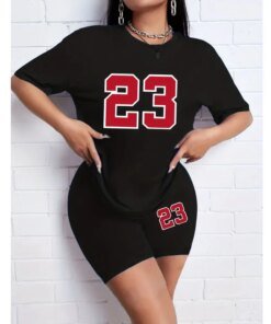 2pcs Casual Sports Set, Number 23 Print Round Neck Short Sleeves T-shirt & Running Workout Shorts Suit, Women's Activewear