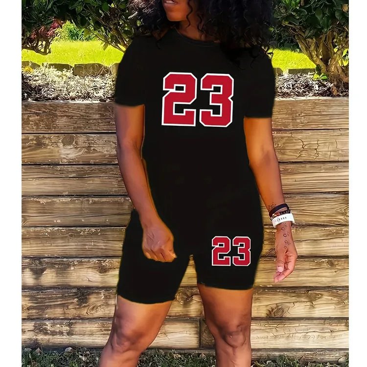 2pcs Casual Sports Set, Number 23 Print Round Neck Short Sleeves T-shirt & Running Workout Shorts Suit, Women's Activewear