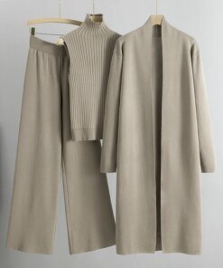 Spring Autumn 3 Piece Women Cardigan Tracksuits Fashion Knitted Pant Set Ladies Sweater Suit Vintage Fashion Ladies 3 Piece Set