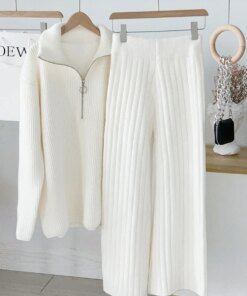 Autumn Winter Zipper Sweaters Set Thickening Warm Knitted High Waist Women Pants Suit White Elegant Two Piece Set fall 2024