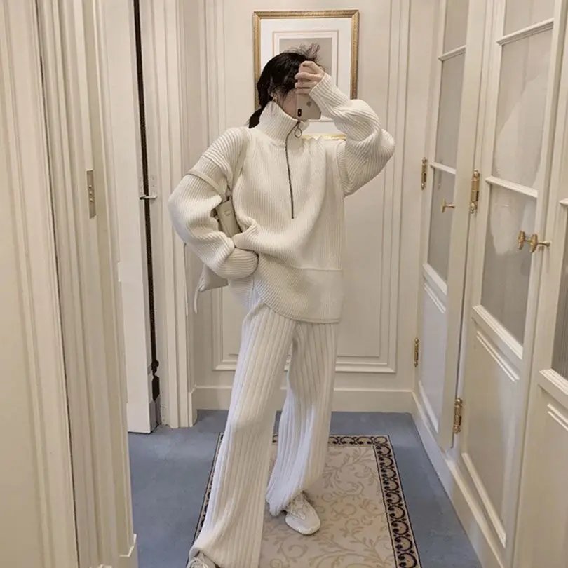 Autumn Winter Zipper Sweaters Set Thickening Warm Knitted High Waist Women Pants Suit White Elegant Two Piece Set fall 2024