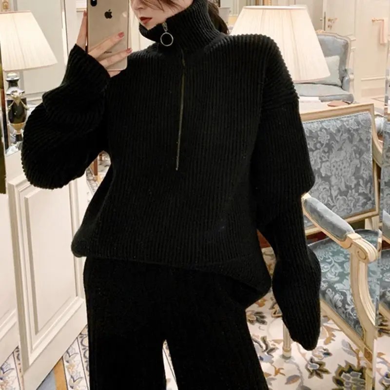 Autumn Winter Zipper Sweaters Set Thickening Warm Knitted High Waist Women Pants Suit White Elegant Two Piece Set fall 2024