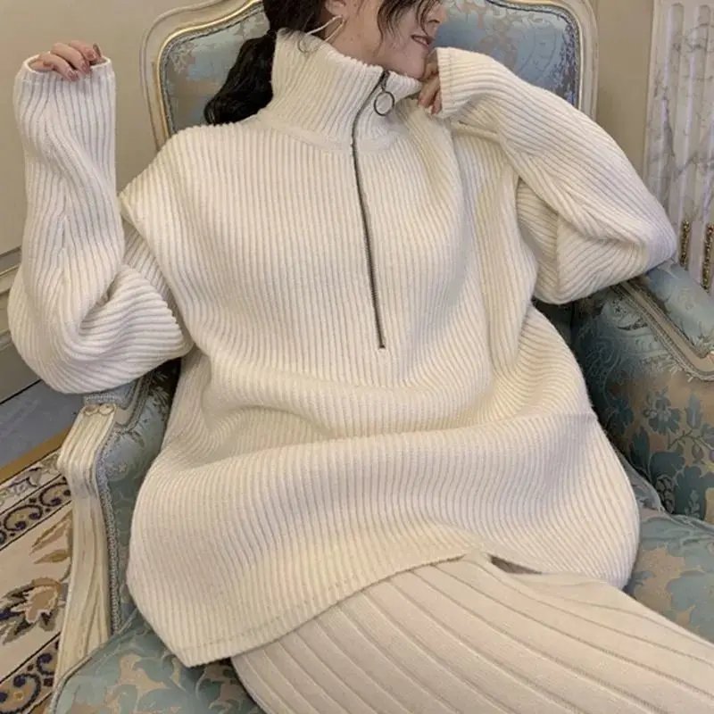 Autumn Winter Zipper Sweaters Set Thickening Warm Knitted High Waist Women Pants Suit White Elegant Two Piece Set fall 2024