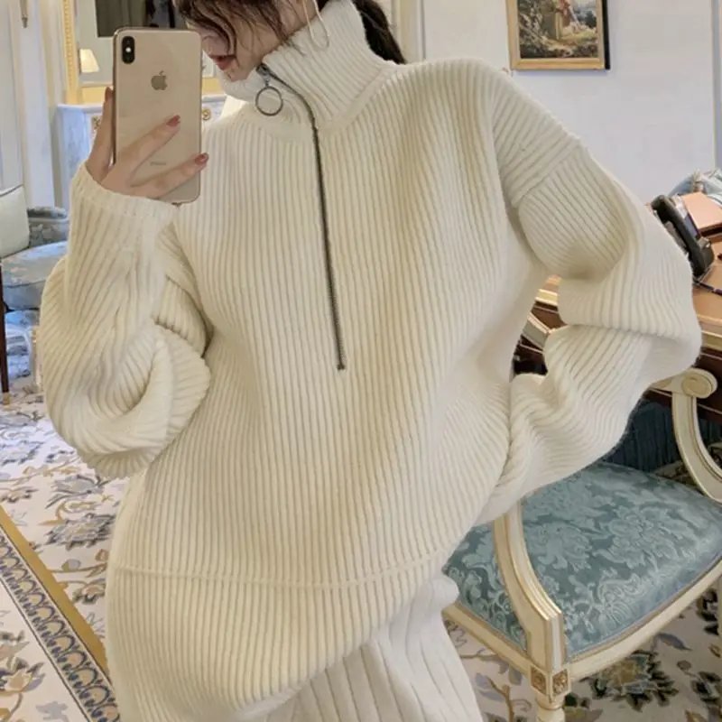 Autumn Winter Zipper Sweaters Set Thickening Warm Knitted High Waist Women Pants Suit White Elegant Two Piece Set fall 2024