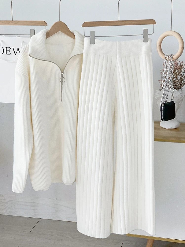 Autumn Winter Zipper Sweaters Set Thickening Warm Knitted High Waist Women Pants Suit White Elegant Two Piece Set fall 2024