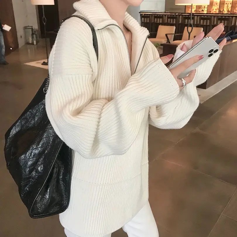 Autumn Winter Zipper Sweaters Set Thickening Warm Knitted High Waist Women Pants Suit White Elegant Two Piece Set fall 2024