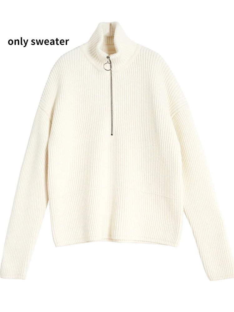 Autumn Winter Zipper Sweaters Set Thickening Warm Knitted High Waist Women Pants Suit White Elegant Two Piece Set fall 2024