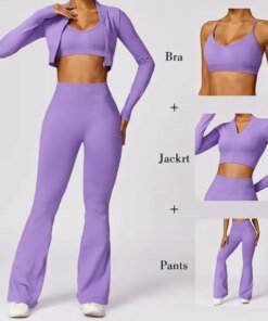 3PCS Seamless Sports Set Women Flared Pants Workout Suit Seamless Yoga Clothing Gym Bra Sportswear Female Running Jackets Set 