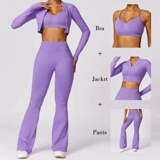 3PCS Seamless Sports Set Women Flared Pants Workout Suit Seamless Yoga Clothing Gym Bra Sportswear Female Running Jackets Set ﻿