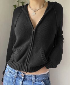 Vintage Brown Y2K Hooded Sweaters Women 2023 Autumn Winter Lantern Sleeve Zip Up Jacket Knitted Hoodies Cropped Cardigan Top