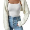 Women s Open Front Cropped Cardigan Long Sleeve Solid Color Ribbed Knit Shrug Sweater Bolero Tops