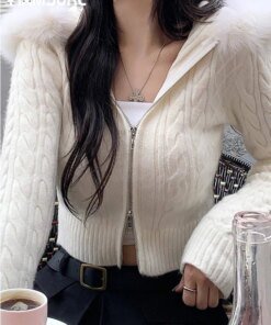 IAMSURE Sweet Furry Trim Hooded Knitted Cropped Cardigans Slim Zipper Long Sleeve Sweaters Women 2023 Autumn Winter Fashion Lady