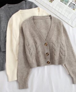 V Neck Cropped Cardigan Women Long Sleeve Twist Knitted Sweater Coats Autumn Winter Keep Warm Korean Fashion Jacket Cardigan