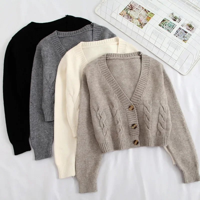 V Neck Cropped Cardigan Women Long Sleeve Twist Knitted Sweater Coats Autumn Winter Keep Warm Korean Fashion Jacket Cardigan