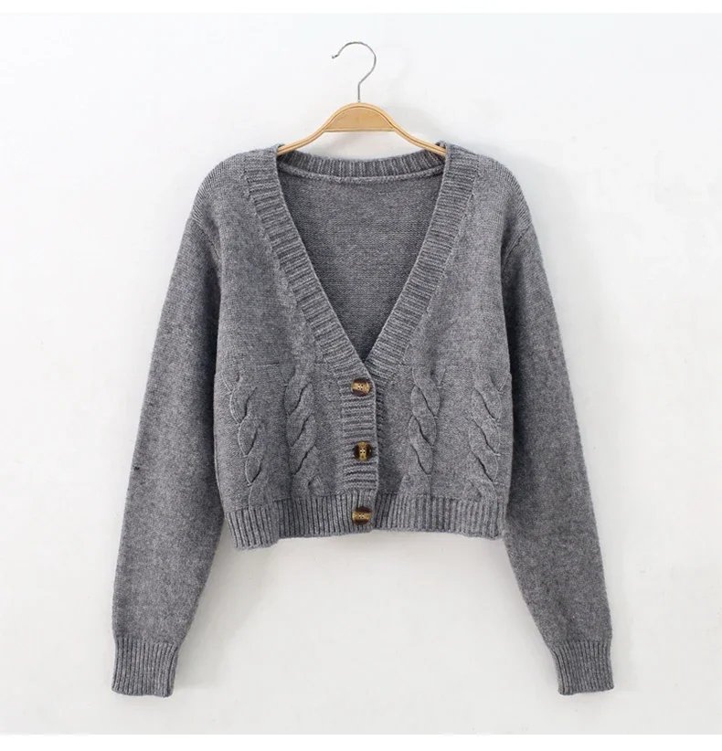 V Neck Cropped Cardigan Women Long Sleeve Twist Knitted Sweater Coats Autumn Winter Keep Warm Korean Fashion Jacket Cardigan
