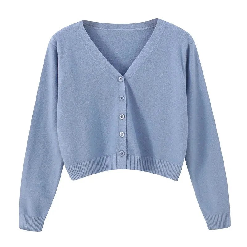 Women's Long Sleeve Cropped Cardigan V Neck Button Down Knit Lady Autumn Spring Knitted Single-breasted Cardigan Sweaters