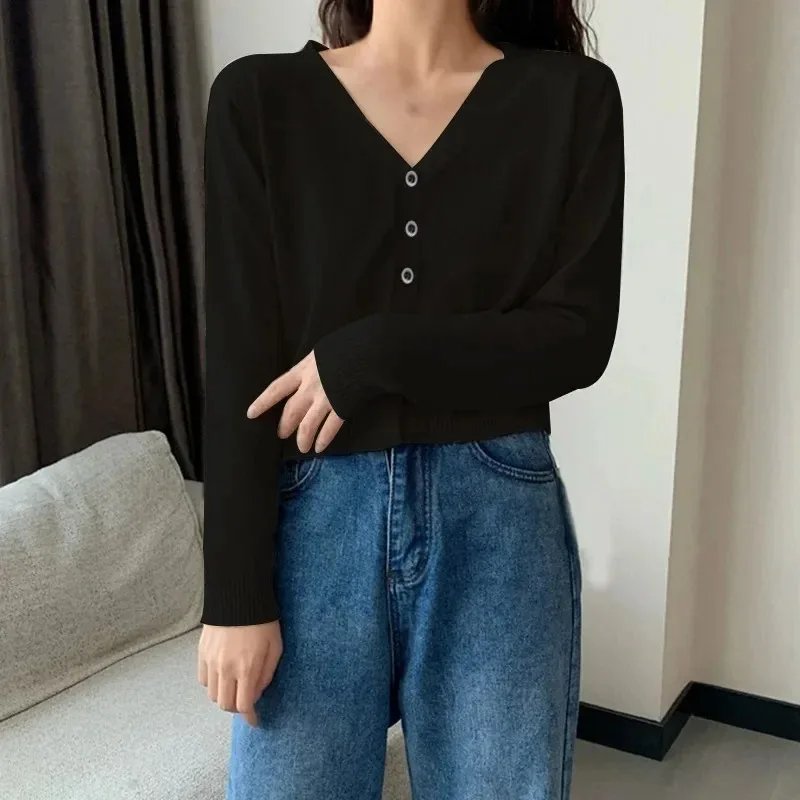 Women's Long Sleeve Cropped Cardigan V Neck Button Down Knit Lady Autumn Spring Knitted Single-breasted Cardigan Sweaters