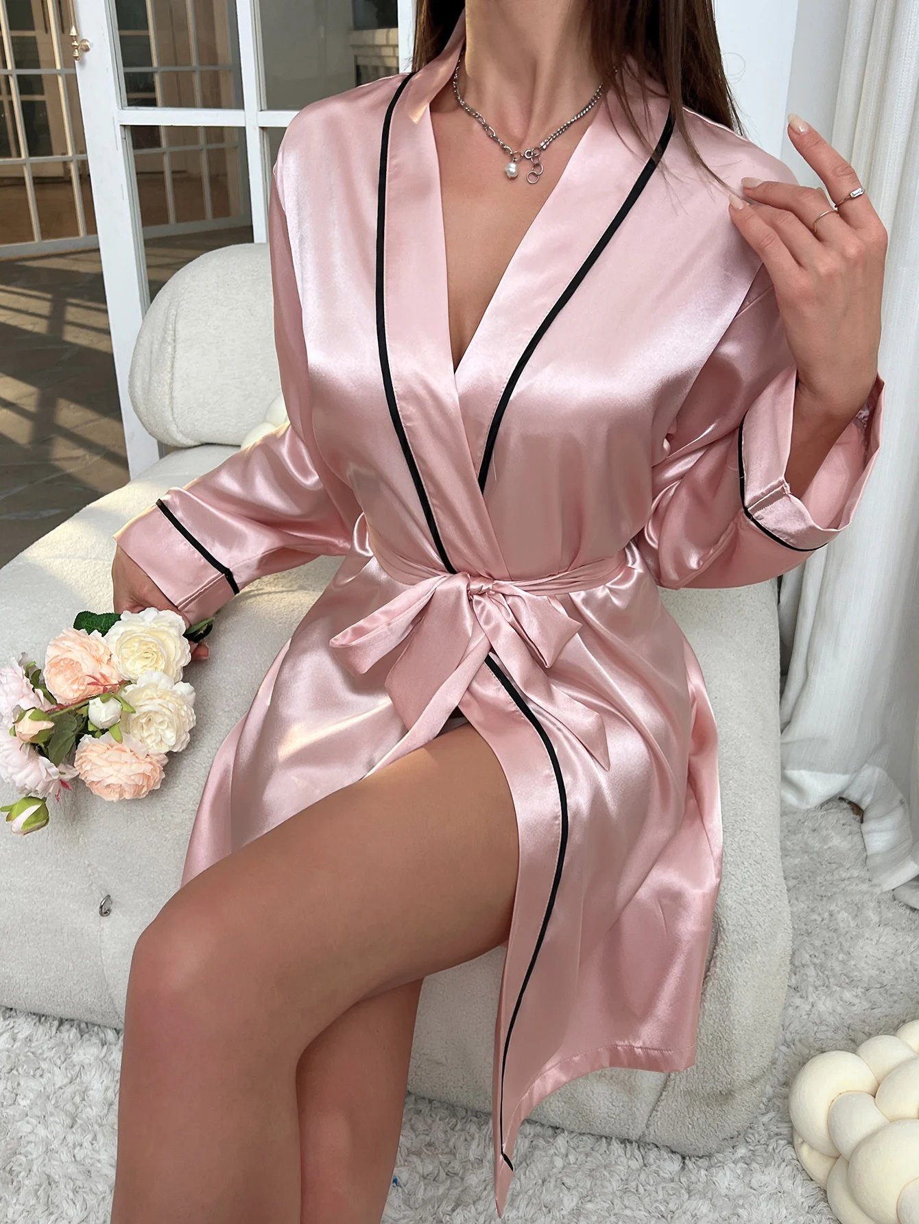 Simple Satin Night Robe Elegant V Neck Long Sleeve House Robe With Belt Women's Sleepwear